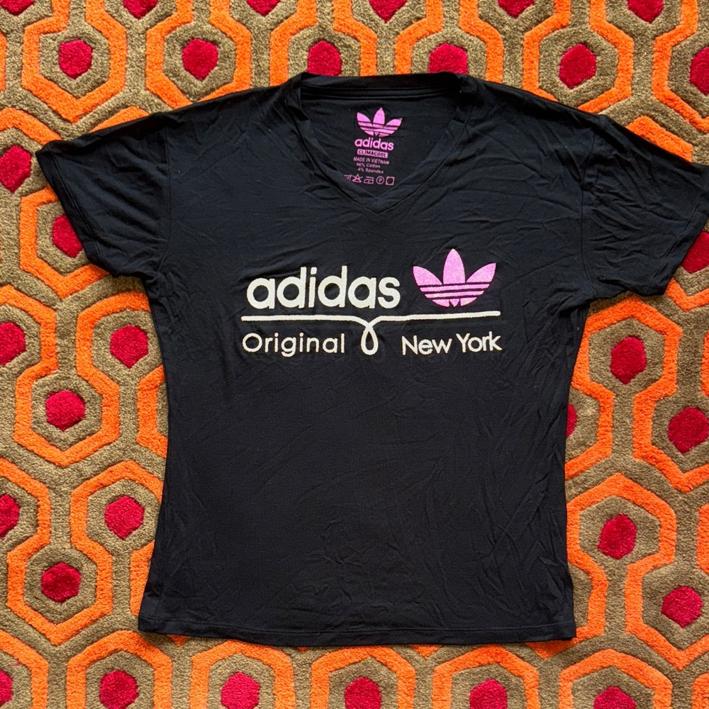 MAKE OFFER! adidas New York Black Tee Pink Trefoil Top Shirt Size Large